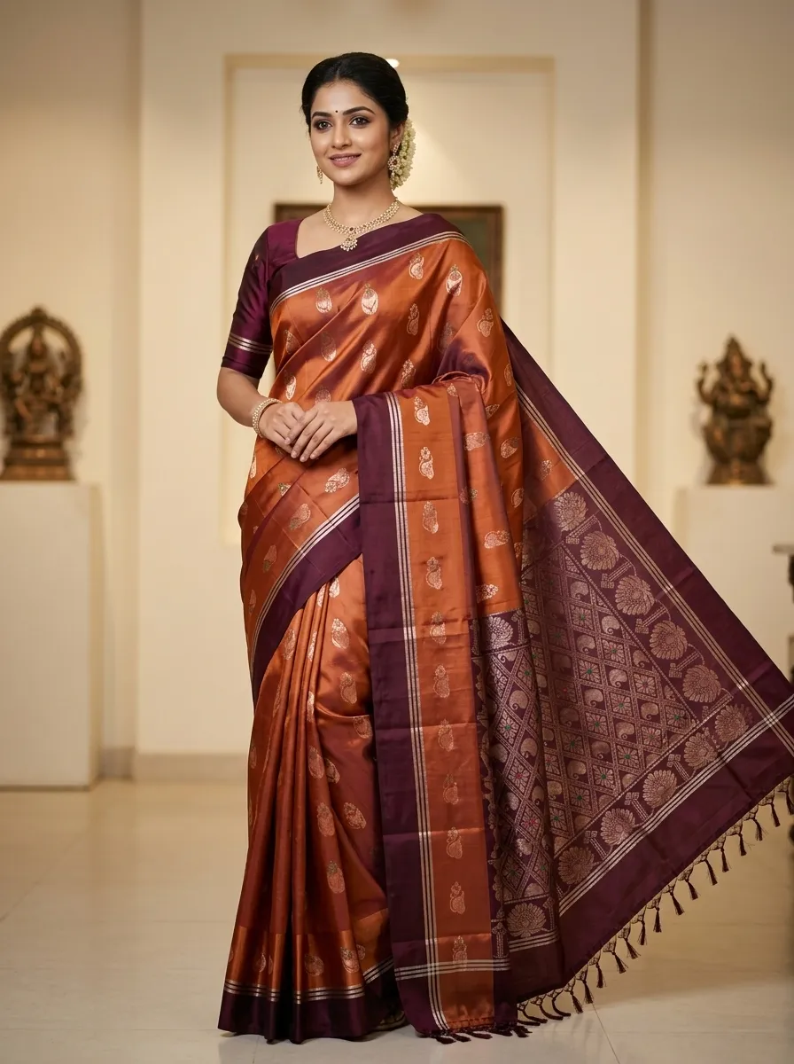 Copper Orange & Plum Purple Banarasi Saree